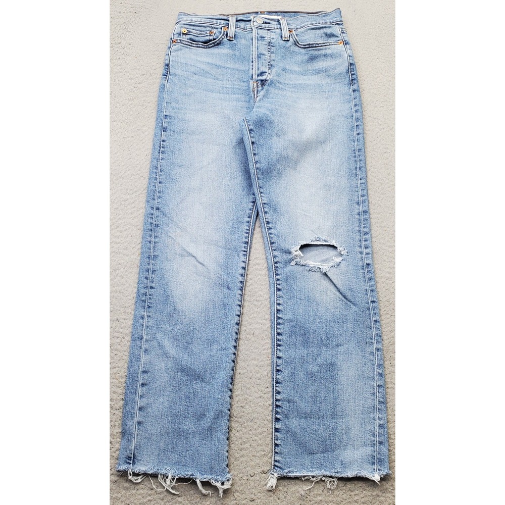 Levi's Wedgie Straight Jeans Womens 29 Blue Denim Light Wash Distressed Raw Hem